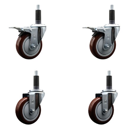 Service Caster 4'' SS Maroon Poly Swivel 1'' Expanding Stem Caster Set 2 Total Lock Brakes, 4PK SCC-SSEXTTL20S414-PPUB-MRN-2-S-2-1